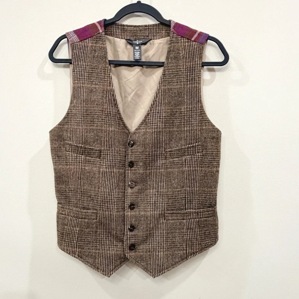 Houston White Womens Medium WOOL Mix Vest Brown Glen Plaid Tailored Academia